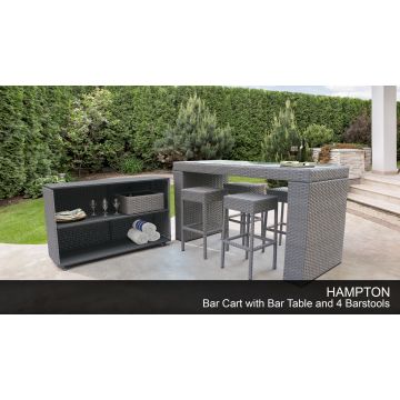 Hampton Bar Table Set with Cart - Basket - and 4 Backless Barstools 7 Piece Outdoor Wicker Patio Furniture