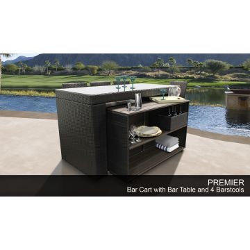 Premier Bar Table Set with Cart -  Basket -  and 4 Barstools 7 Piece Outdoor Wicker Patio Furniture