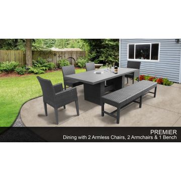 Premier Rectangular Outdoor Patio Dining Table with 2 Armless Chairs 2 Chairs w/ Arms and 1 Bench