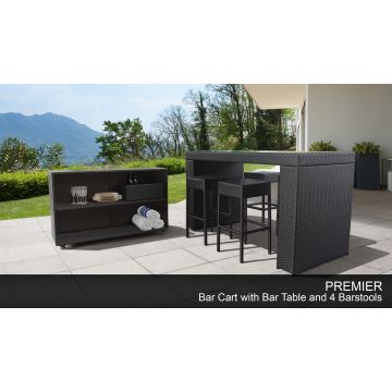 Premier Bar Table Set with Cart -  Basket -  and 4 Backless Barstools 7 Piece Outdoor Wicker Patio Furniture